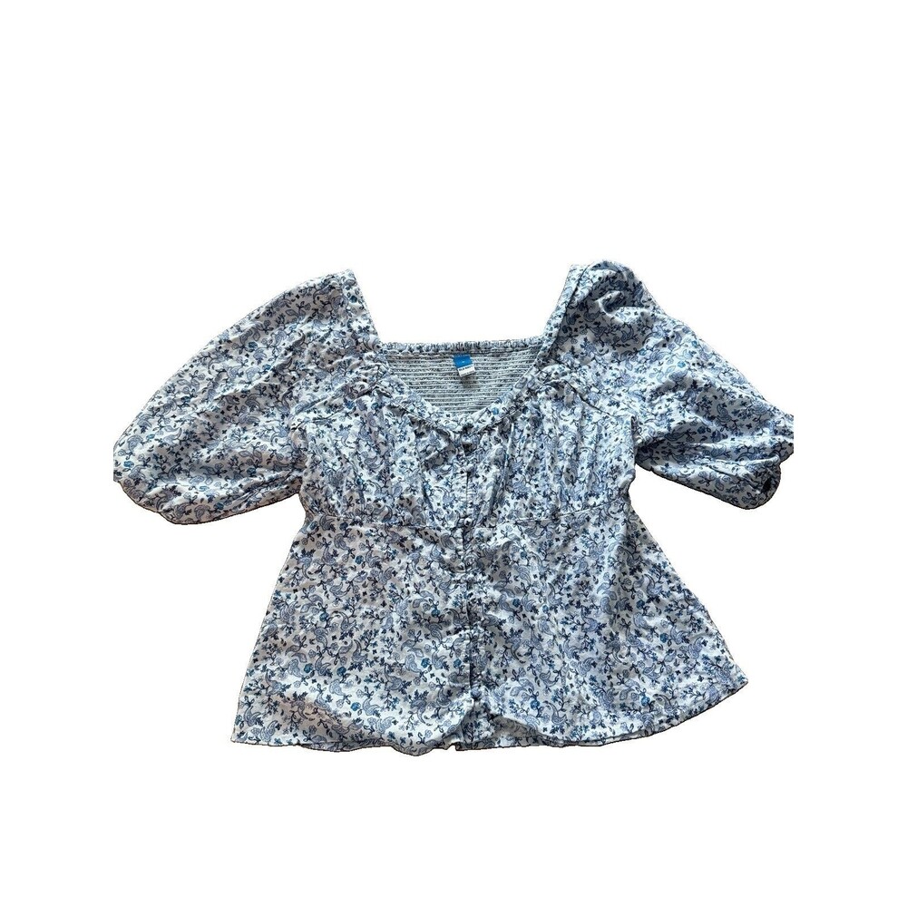 Old Navy Women's M Blue Paisley Smocked Puff Sleeve Babydoll Button Blouse